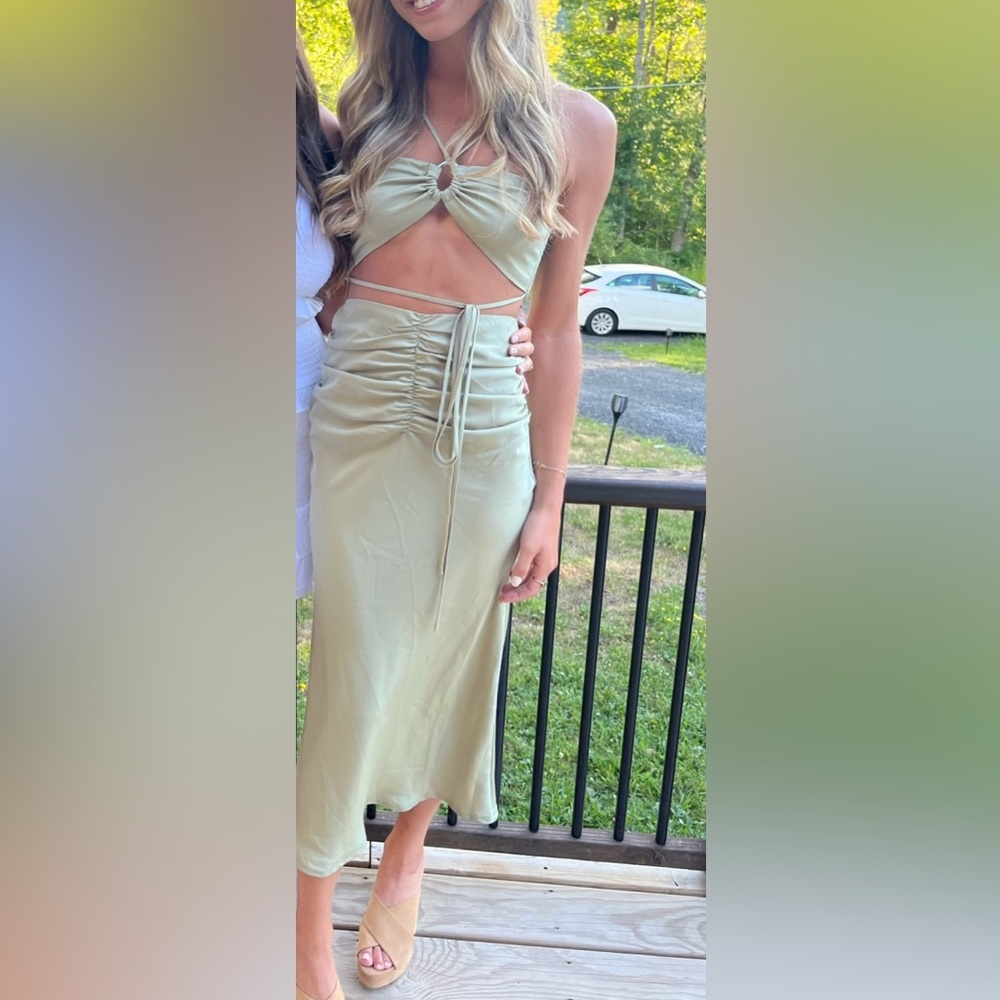 Sage Green Ruched Midi Dress